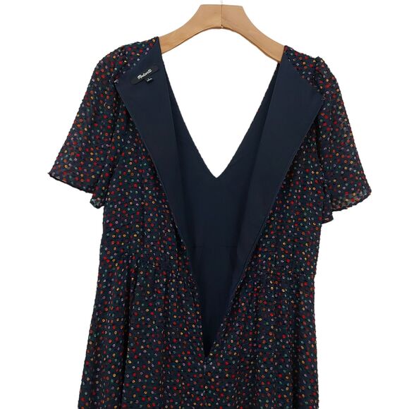 Madewell Dress Womens 6 Blue Flutter-Sleeve Ruffle-Hem V-Neck Lined Dots Print - Picture 8 of 13